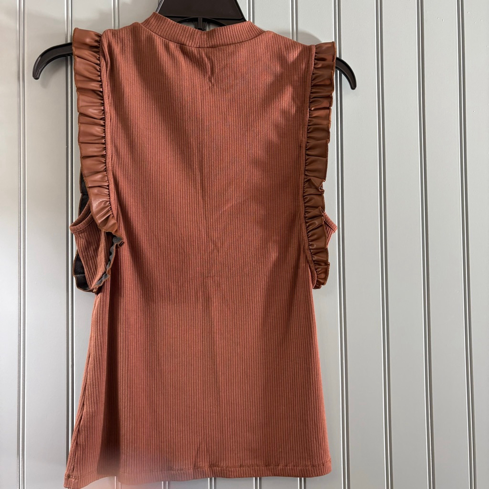 Sunday in Brooklyn Ribbed Tank Top M Brown Ruffle - Picture 2 of 6